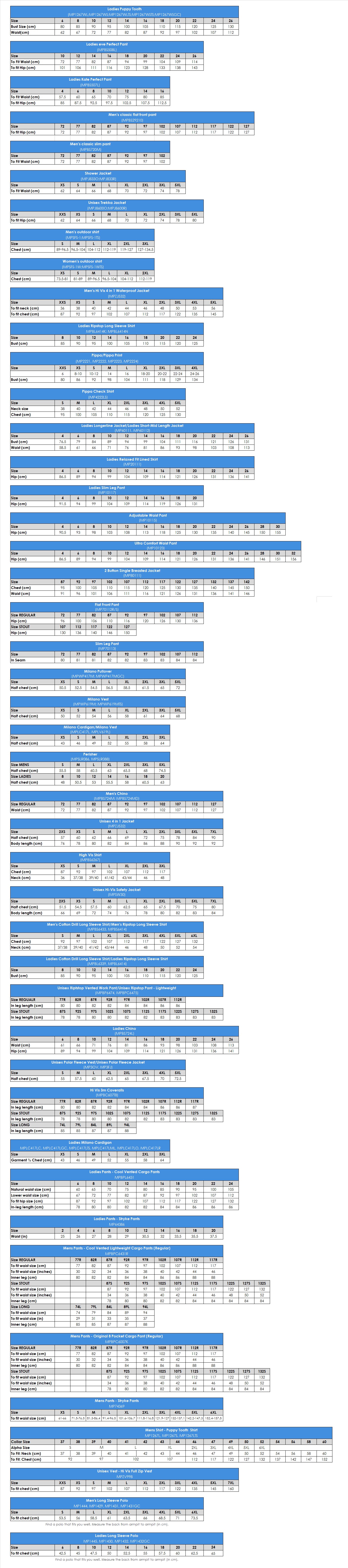 MPS Size Charts
